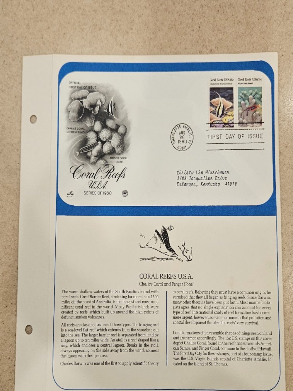 RARE COLLECTIBLE USPS 1ST DAY ISSUE COVER CORAL REEFS USA STAMP ENVELOPE FDC